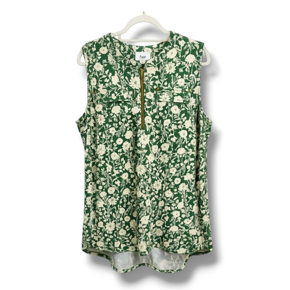 Fyve Womens 2X Green Cream Floral Sleeveless Half Zip Blouse Pockets Jersey Knit